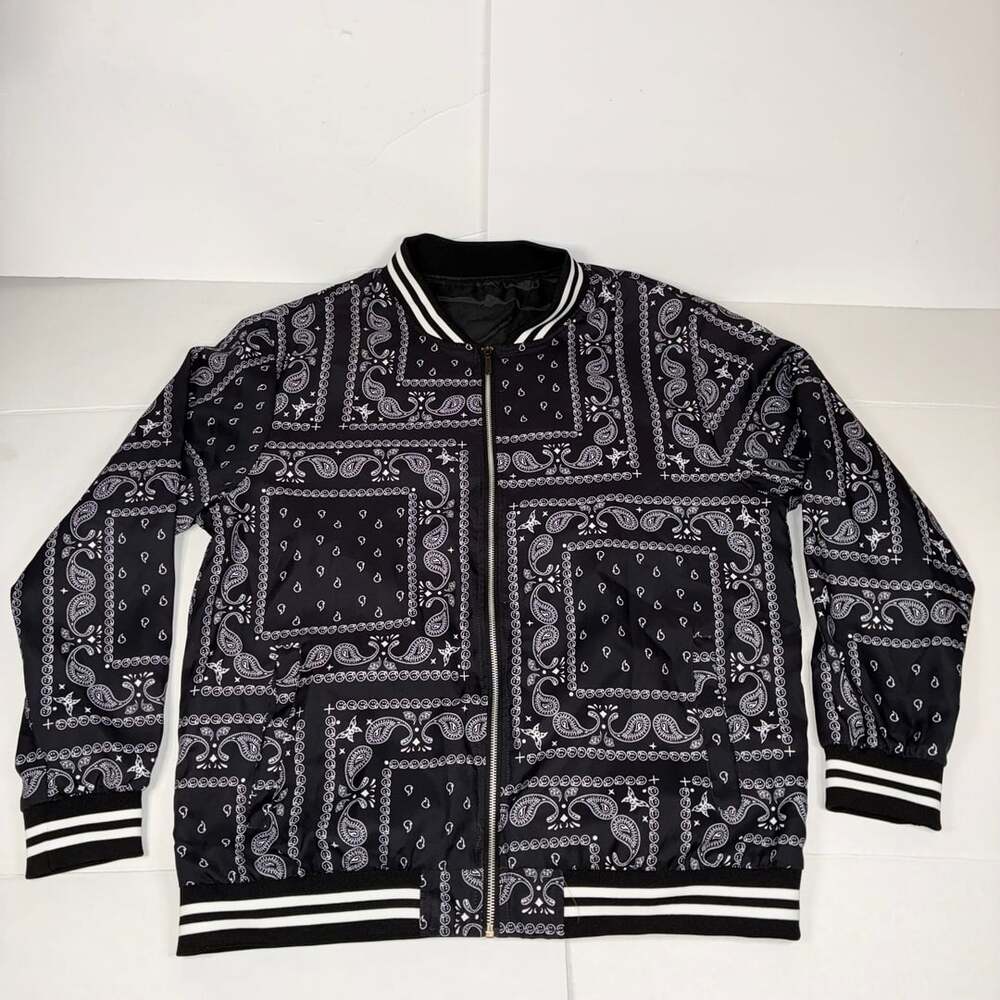 Bandana Paisley Bomber Men Jacket Black White Striped Trim Zip Up XL